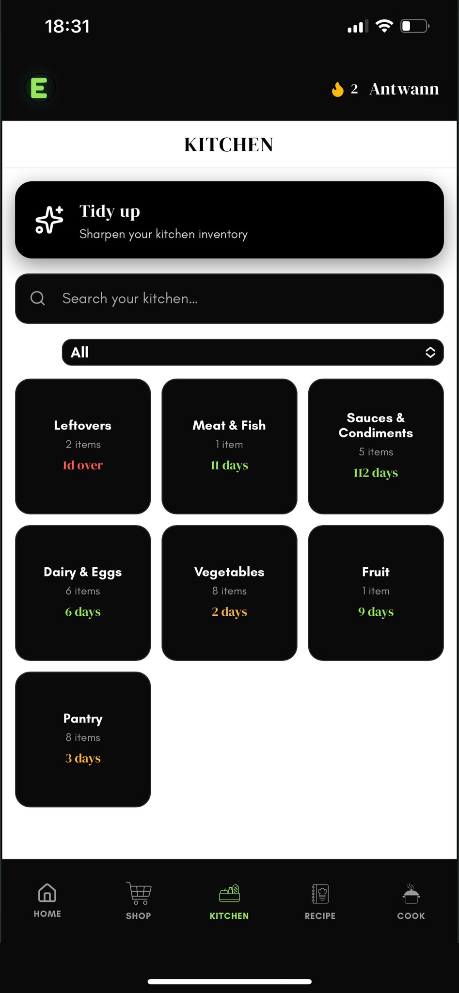 EATRR kitchen inventory screen, showing categorized fridge items with expiration countdowns